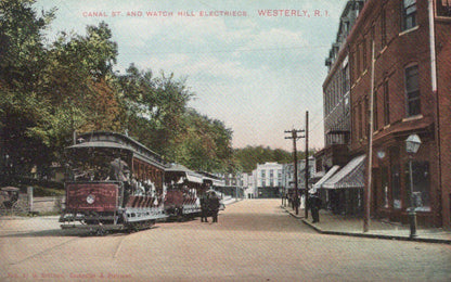 USA Postcard: Canal St and Watch Hill Electrics Westerly RI Tram Trolley  XT2141