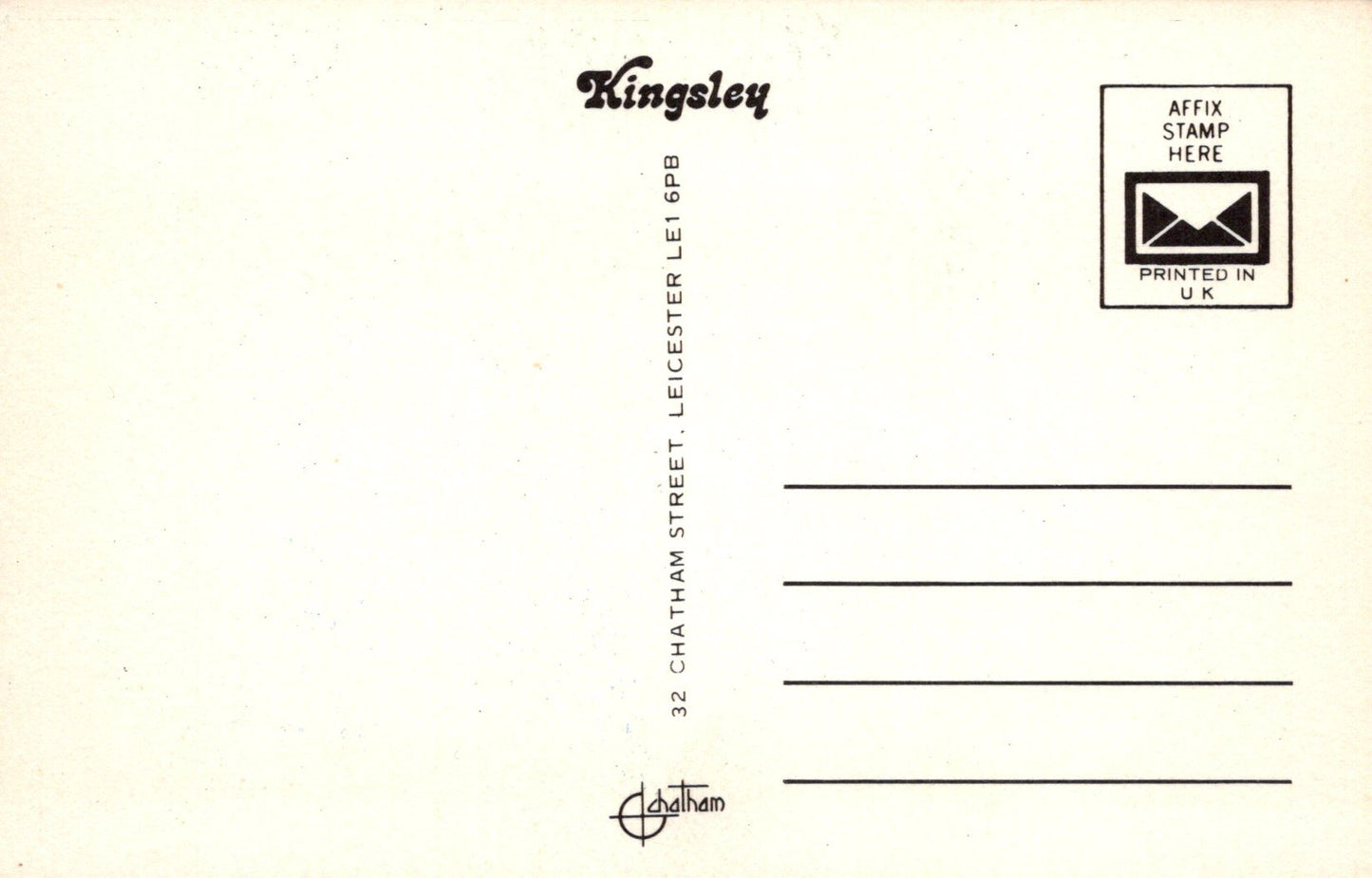 Back of a Kingsley postcard with stamp placeholder and address details.