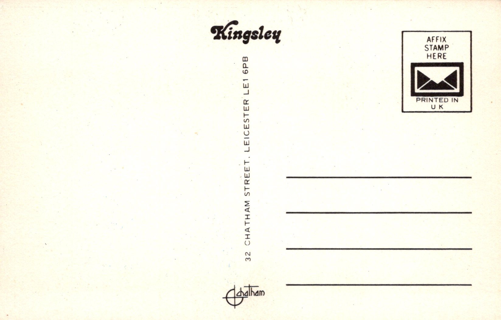 Back of a Kingsley postcard with stamp placeholder and address details.