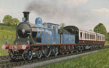 Load image into Gallery viewer, Vintage-style illustration of a steam locomotive with a passenger car on tracks.
