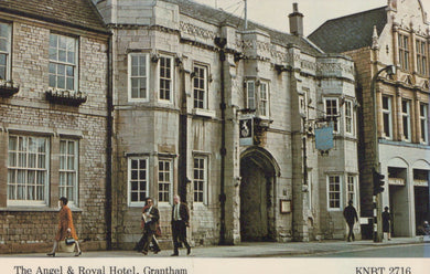 Vintage photograph of The Angel & Royal Hotel in Grantham with people walking by.