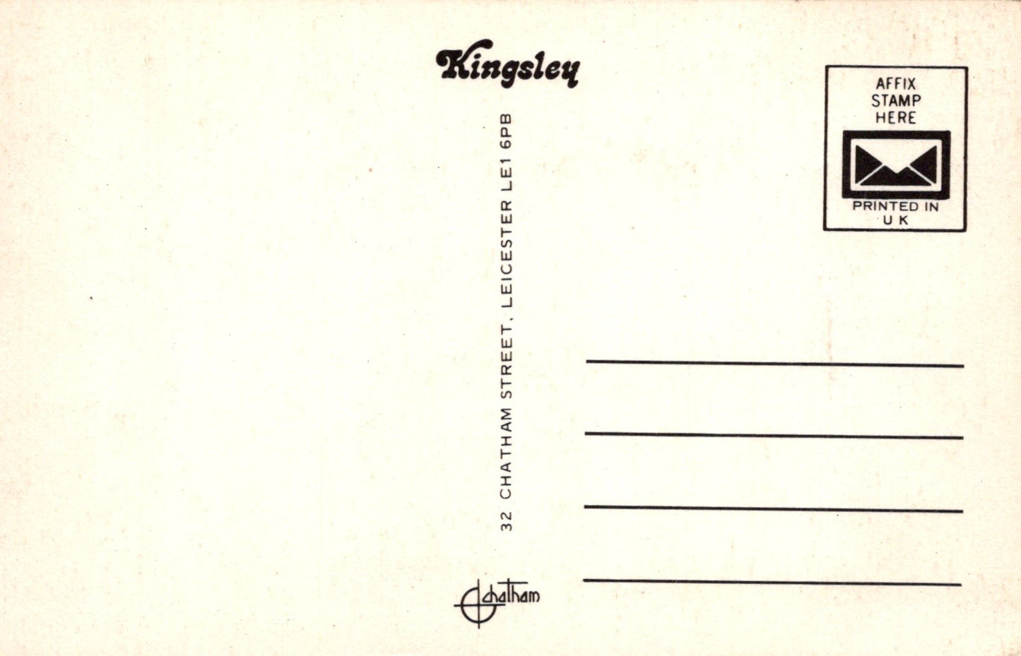 Back of a Kingsley postcard with mailing instructions and address details.