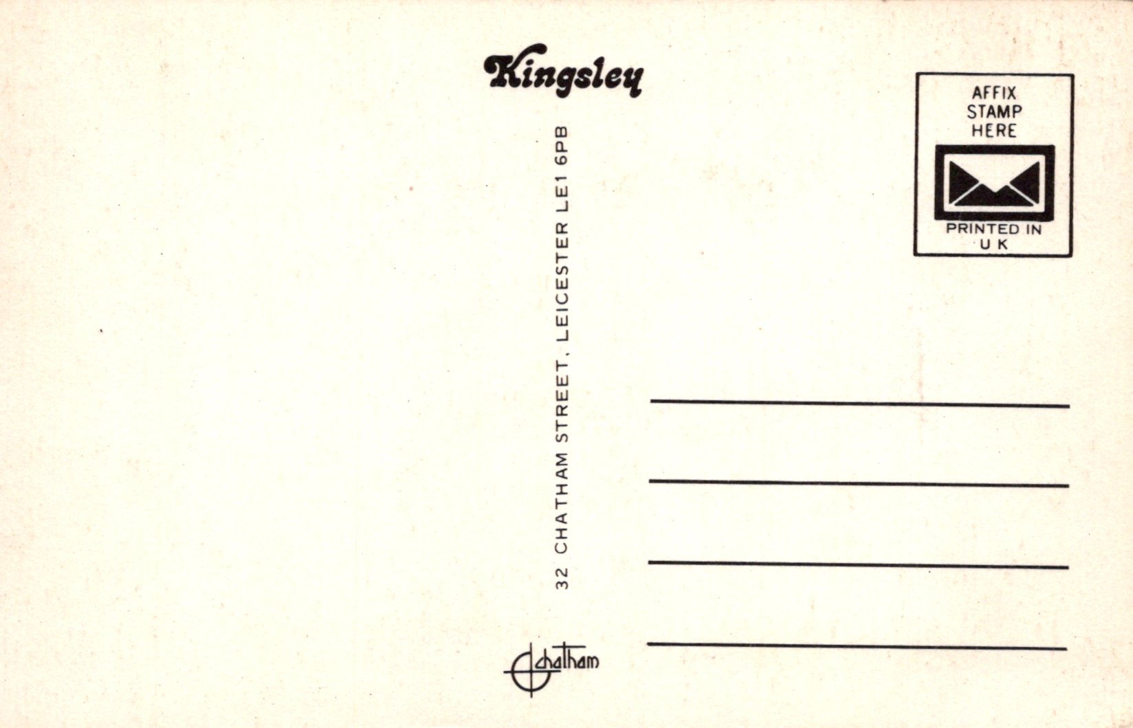 Back of a Kingsley postcard with mailing instructions and address details.