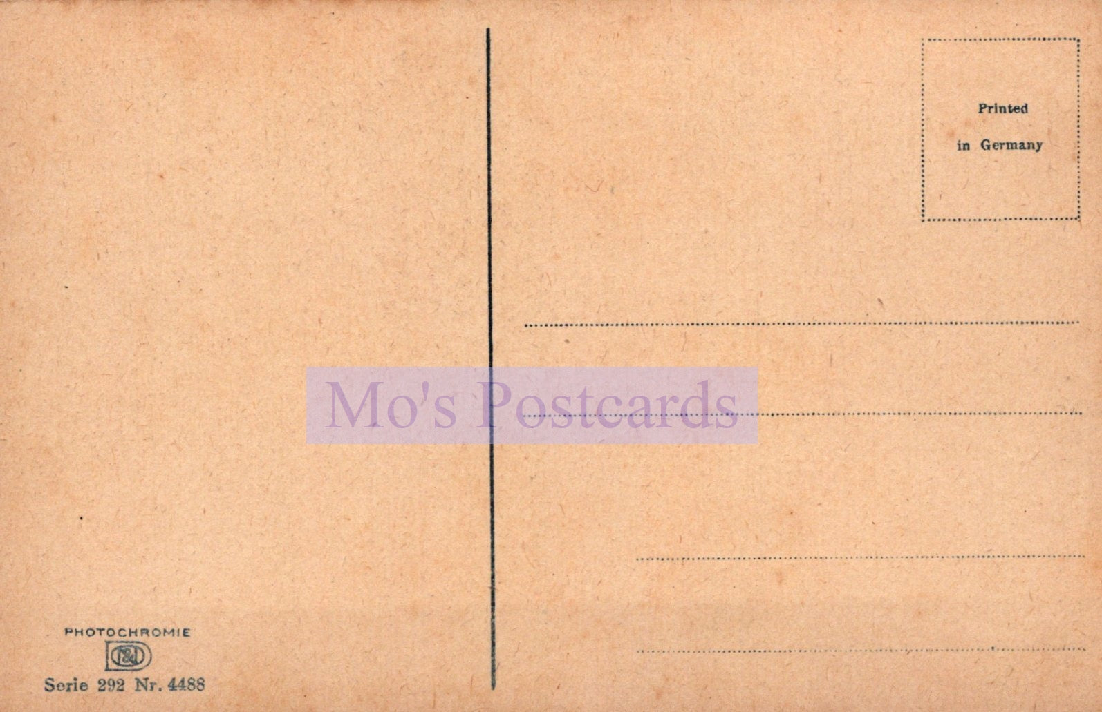 Back of a postcard with text and a line for writing, branded 'Mo's Postcards'.
