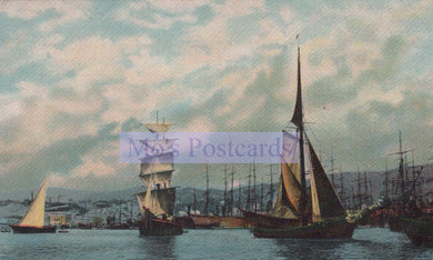 Vintage-style painting of a harbor scene with ships and sailboats.
