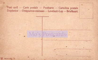 Vintage postcard with multiple text translations and 'Mo's Postcards' branding.