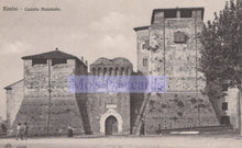 Load image into Gallery viewer, Vintage postcard of a castle with a tower labeled &#39;Castello Malatesta&#39; in Rimini.
