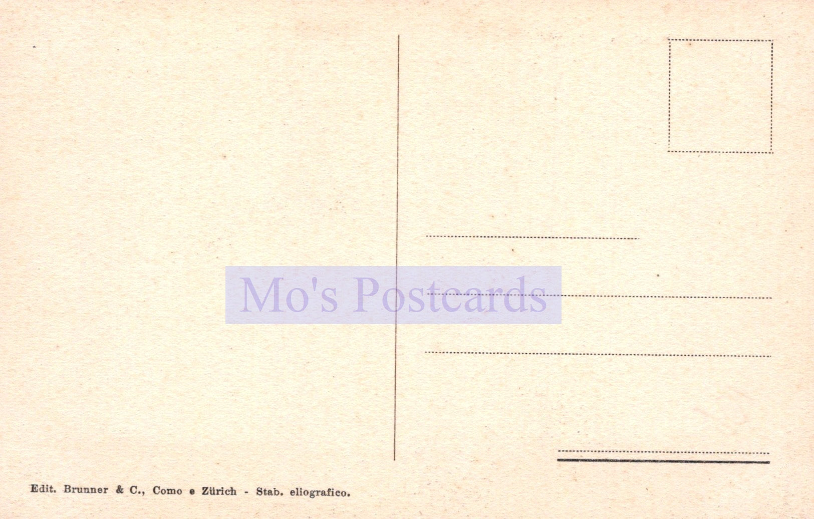 Back of a vintage postcard with 'Mo's Postcards' branding