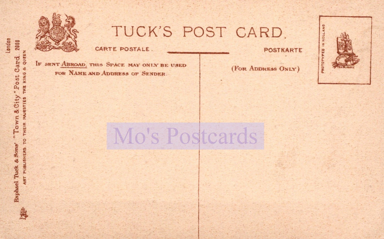 Back of a Tuck's postcard with branding and text