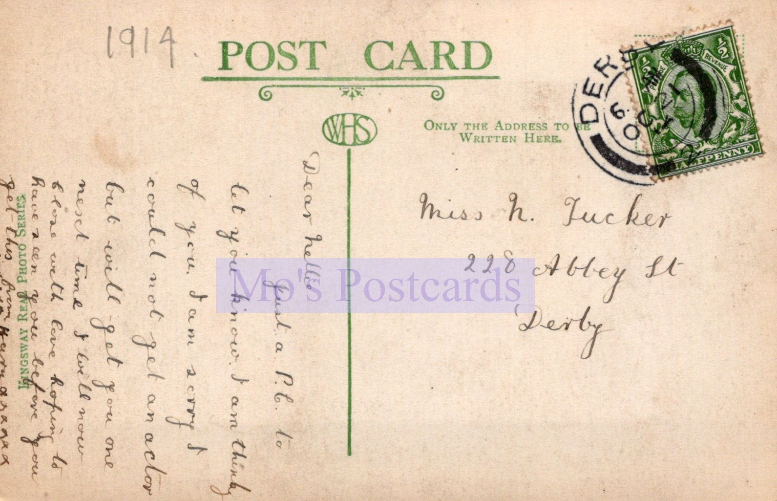 Vintage postcard with postage stamp and text, featuring the year 1914.