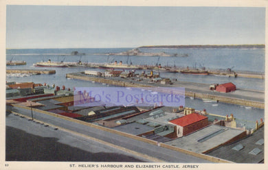 Harbor scene with boats and buildings, featuring 'Mo's Postcards' branding.