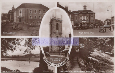 Collage of black and white photos showing a library, guildhall, and parish church in High Wycombe.