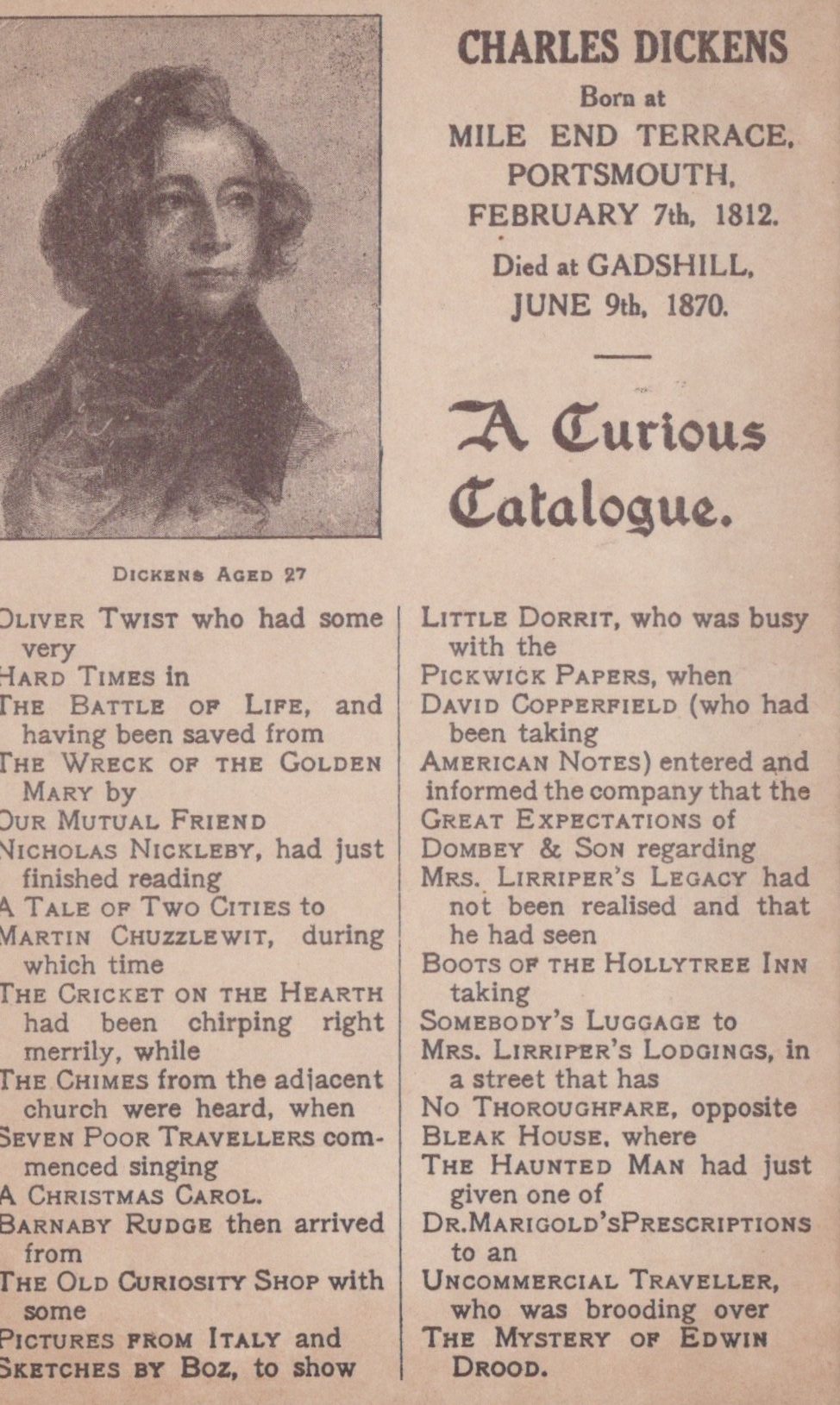 Vintage-style biography of Charles Dickens with text and portrait.