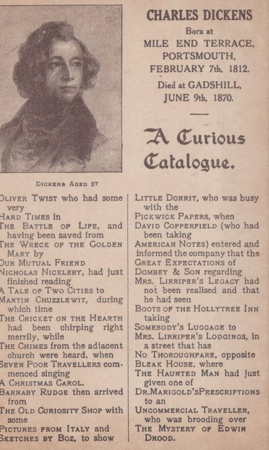 Vintage-style biography of Charles Dickens with text and portrait.