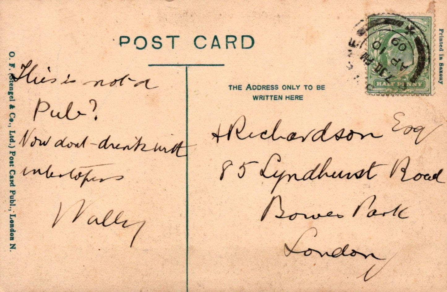 Vintage postcard with handwritten text and a stamp, featuring the address 'Richardson, 85 Lyndhurst Road, Bower Park, London'.