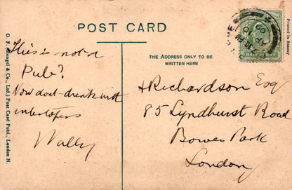 Vintage postcard with handwritten text and a stamp, featuring the address 'Richardson, 85 Lyndhurst Road, Bower Park, London'.