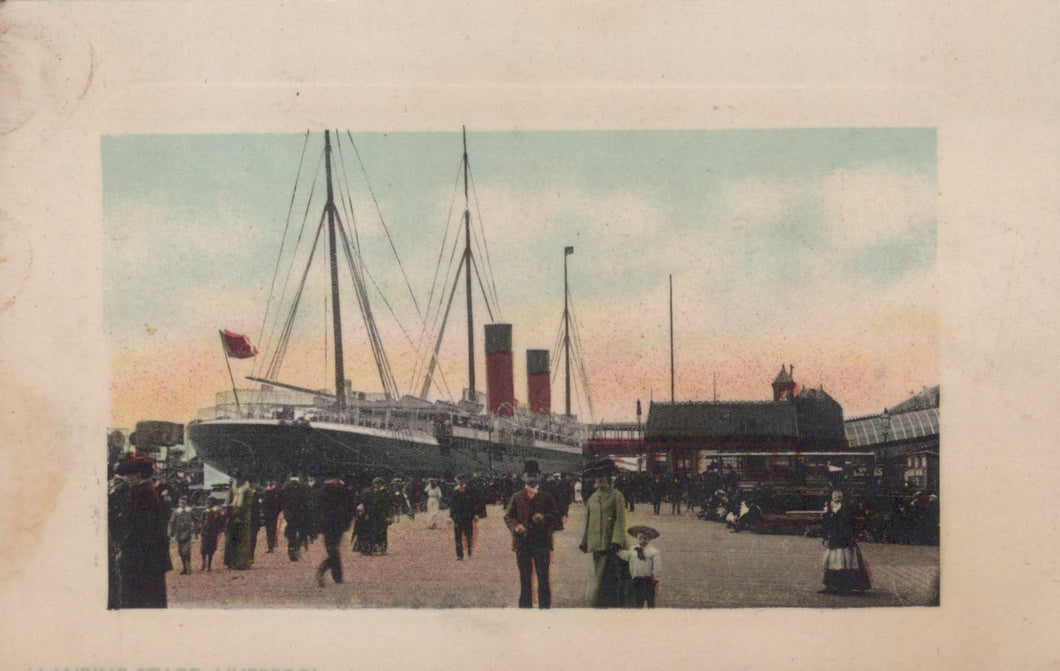 Vintage postcard of a dock scene with a large ship and people around.