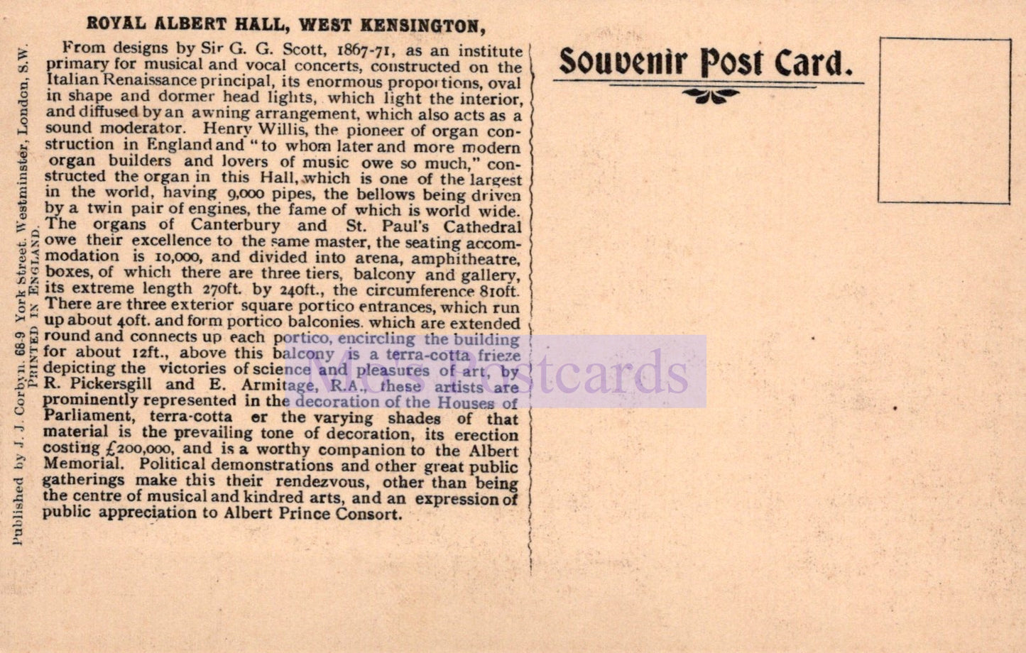 Vintage postcard with text about Royal Albert Hall, West Kensington