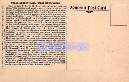 Vintage postcard with text about Royal Albert Hall, West Kensington