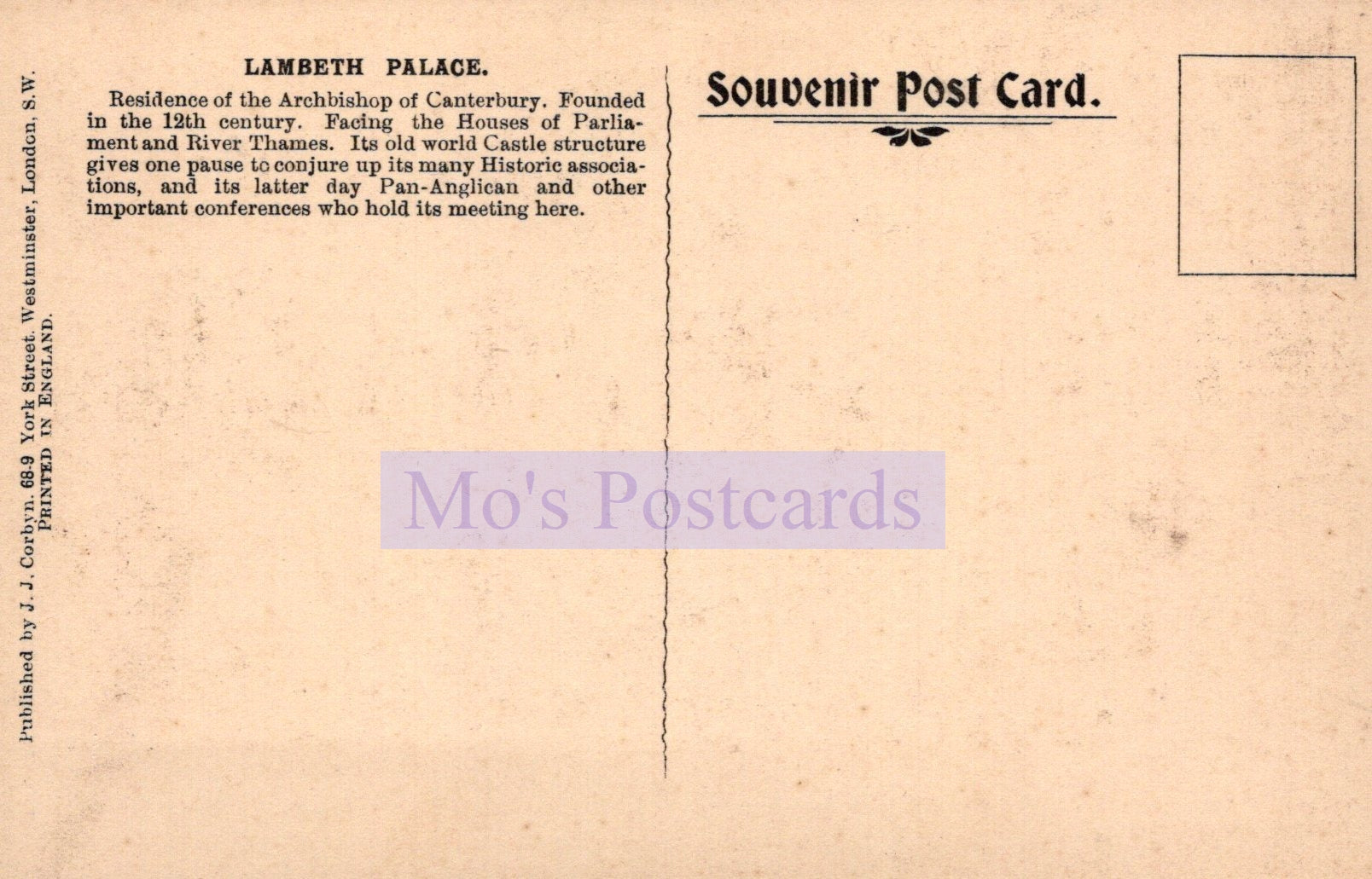 Back of a vintage postcard from Lambeth Palace with text and branding.