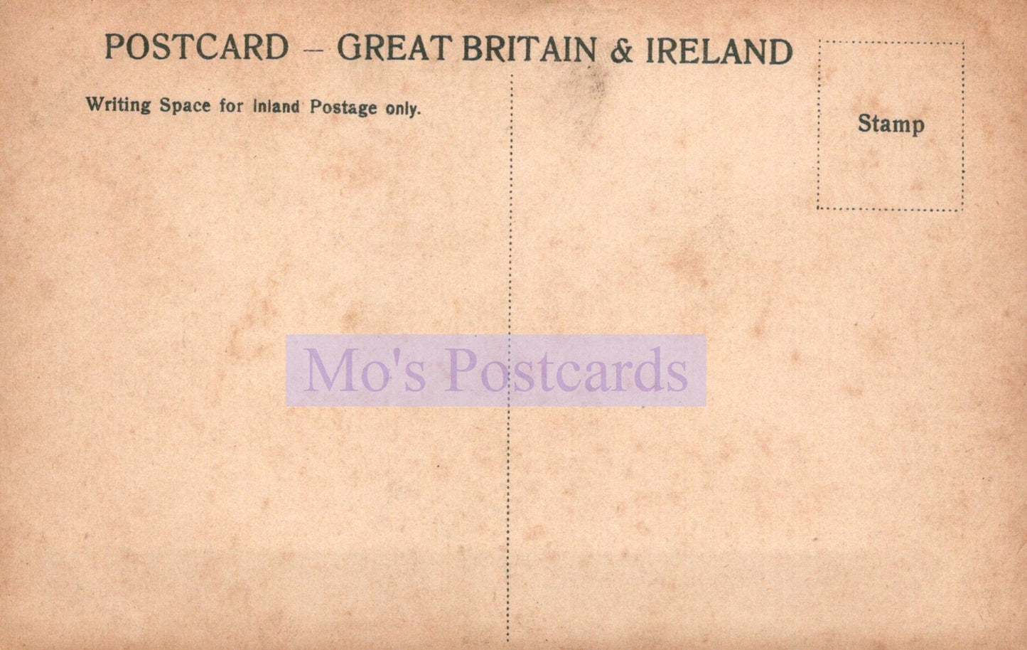 Vintage-style postcard from Great Britain & Ireland with 'Mo's Postcards' branding.
