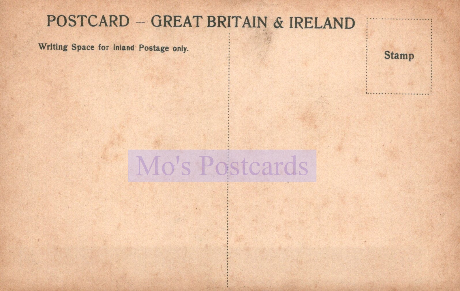 Vintage-style postcard from Great Britain & Ireland with 'Mo's Postcards' branding.