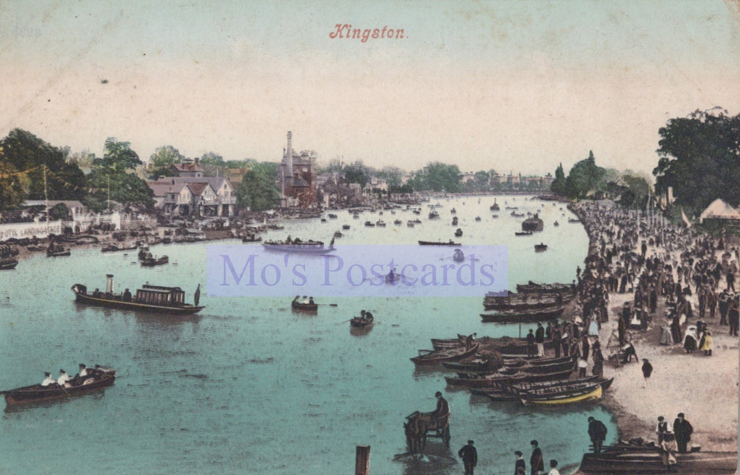 Vintage postcard of a bustling waterfront scene with boats and people, likely from the early 20th century.