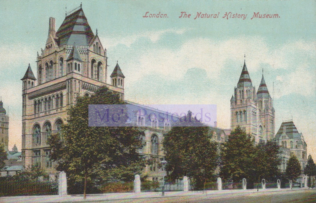 Vintage postcard of The Natural History Museum in London with colorful architectural details.