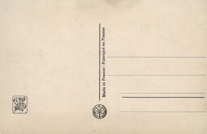 Beige postcard with text and stamps on a beige background