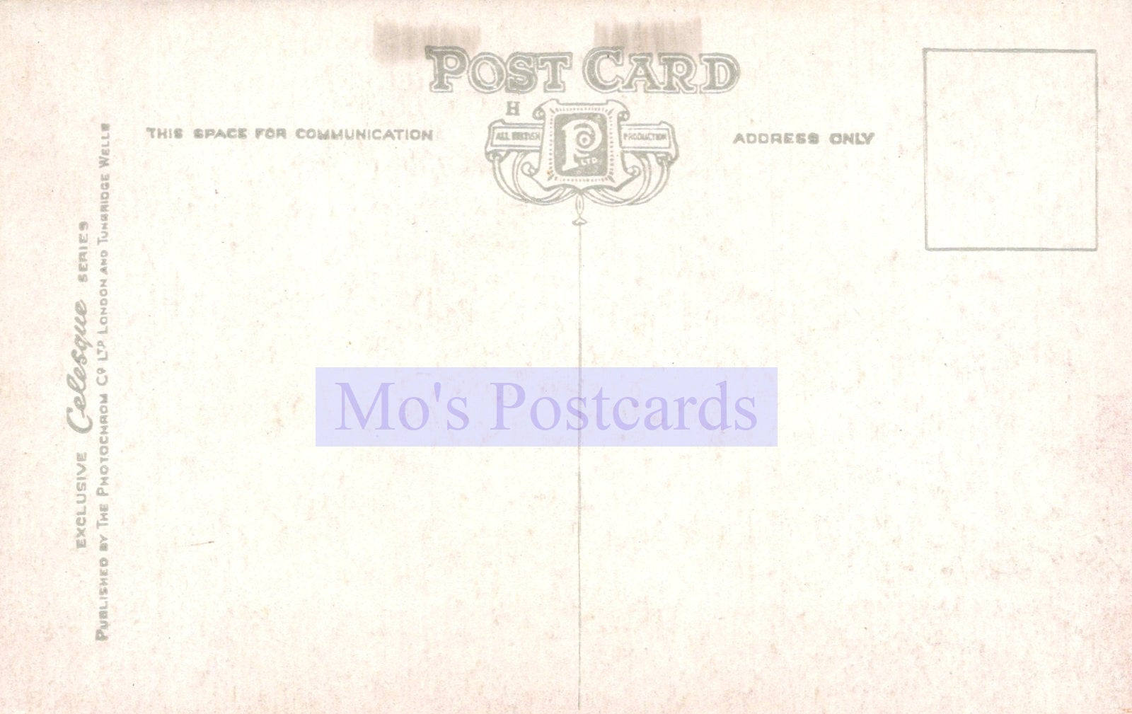 Back of a postcard with 'Mo's Postcards' branding