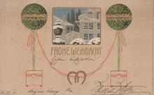 Load image into Gallery viewer, Vintage Christmas card with snowy scene, trees, and &#39;Frohe Weihnacht&#39; text on a brown background.
