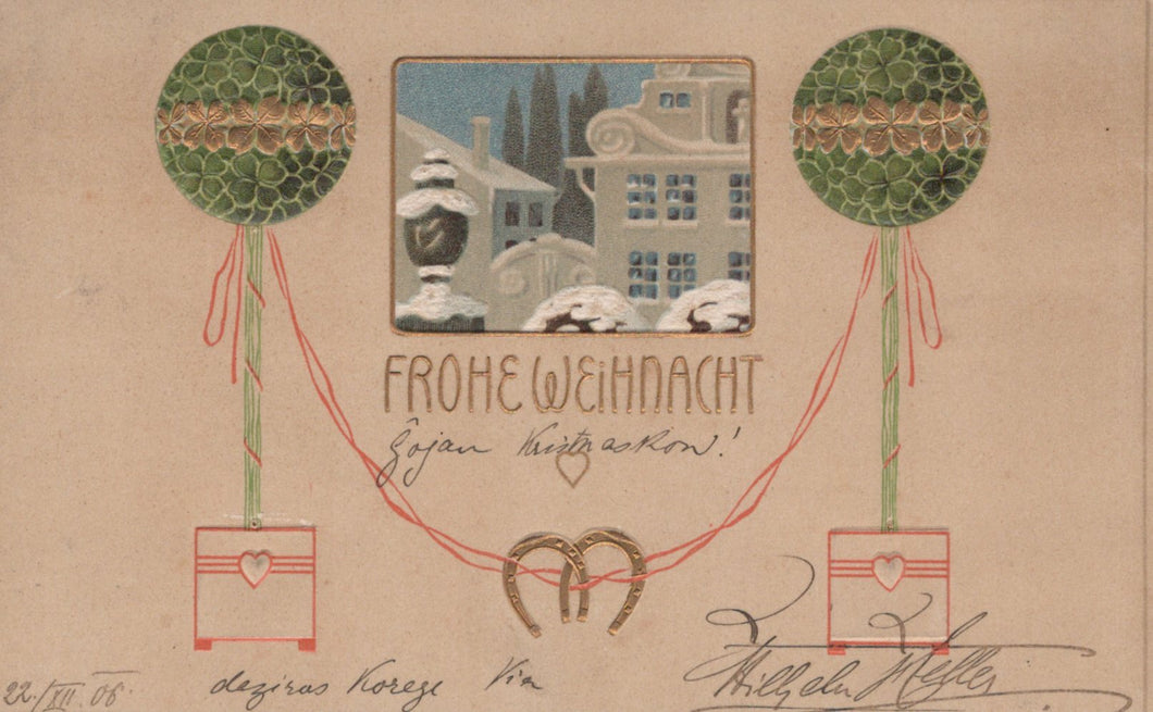 Vintage Christmas card with snowy scene, trees, and 'Frohe Weihnacht' text on a brown background.