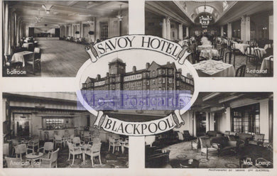 Black and white collage of the Savoy Hotel Blackpool with interior views and branding.