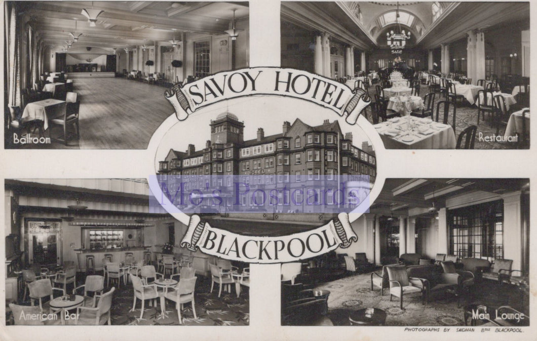 Black and white collage of the Savoy Hotel Blackpool with interior views and branding.