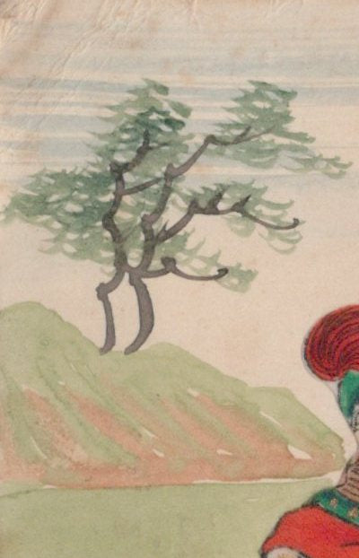 Colorful illustration of a warrior with a spear in a natural setting