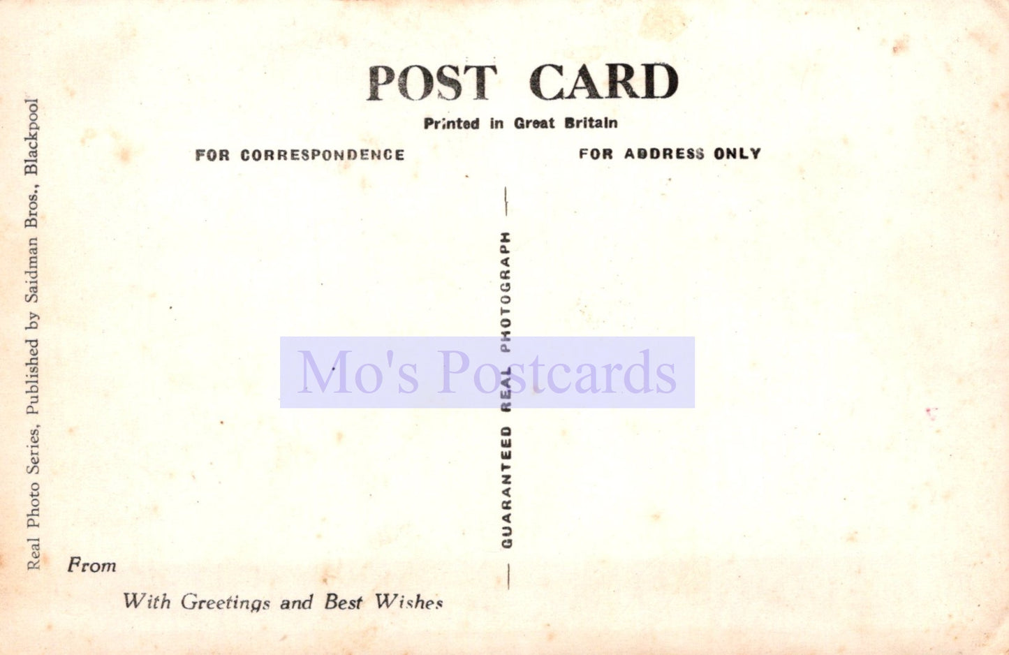 Vintage postcard with text and 'Mo's Postcards' branding