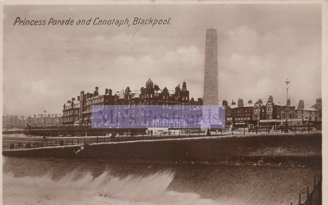 Vintage black and white postcard of Princess Parade and Cenotaph, Blackpool.