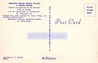 Back of a postcard from Seminole Indian Village & Craft Center with text and branding.