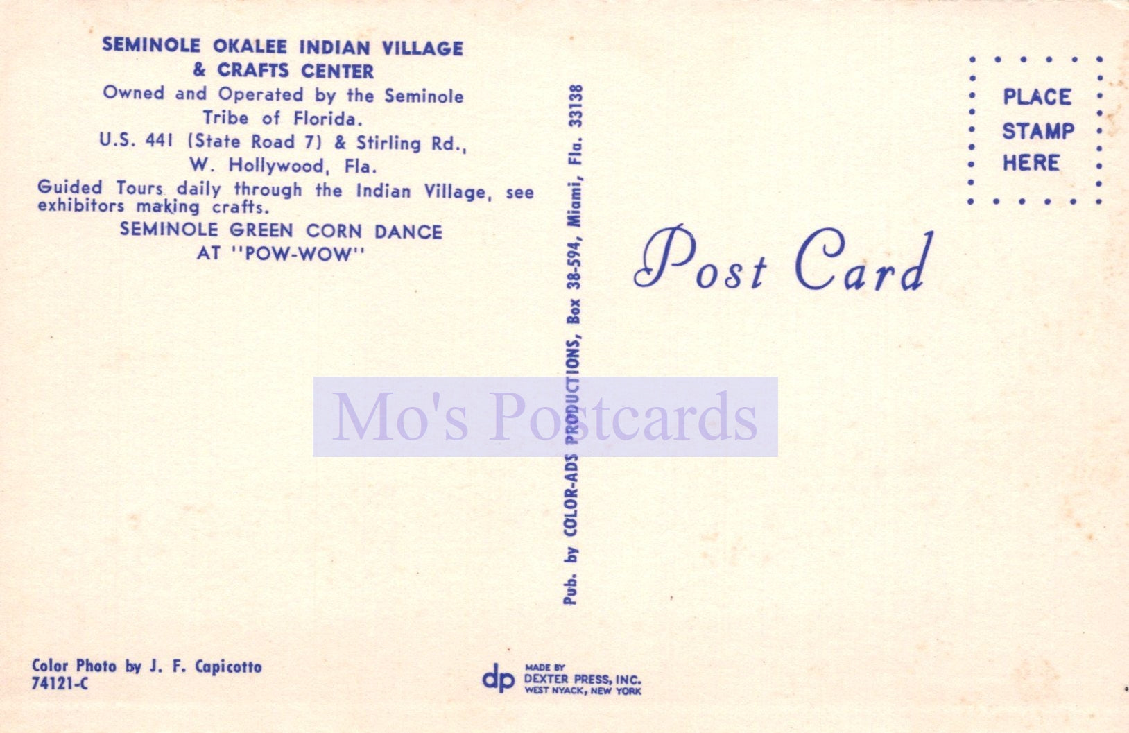 Back of a postcard from Seminole Okalee Indian Village & Crafts Center with text and branding.