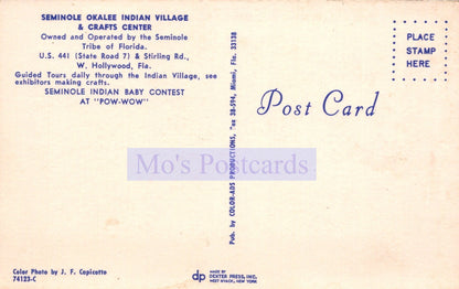 Back of a postcard from Seminole Okalee Indian Village & Crafts Center with text and branding.