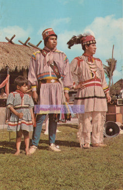 Three people in traditional Native American attire standing outdoors with a thatched structure and trees in the background.