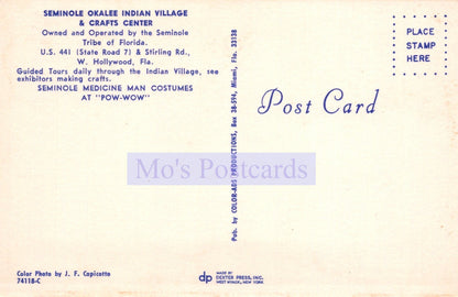 Back of a postcard from Seminole Indian Village & Crafts Center with branding and text.
