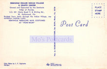 Load image into Gallery viewer, Back of a postcard from Seminole Indian Village &amp; Crafts Center with branding and text.
