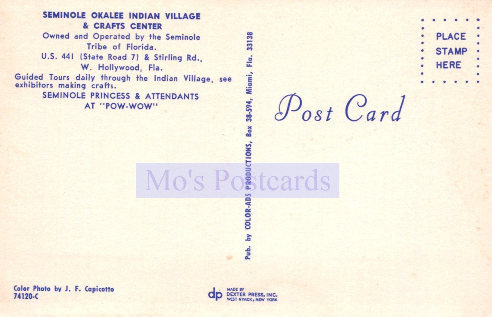 Back of a postcard from Seminole Okalee Indian Village & Crafts Center with text and branding.