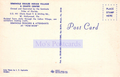 Back of a postcard from Seminole Okalee Indian Village & Crafts Center with text and branding.