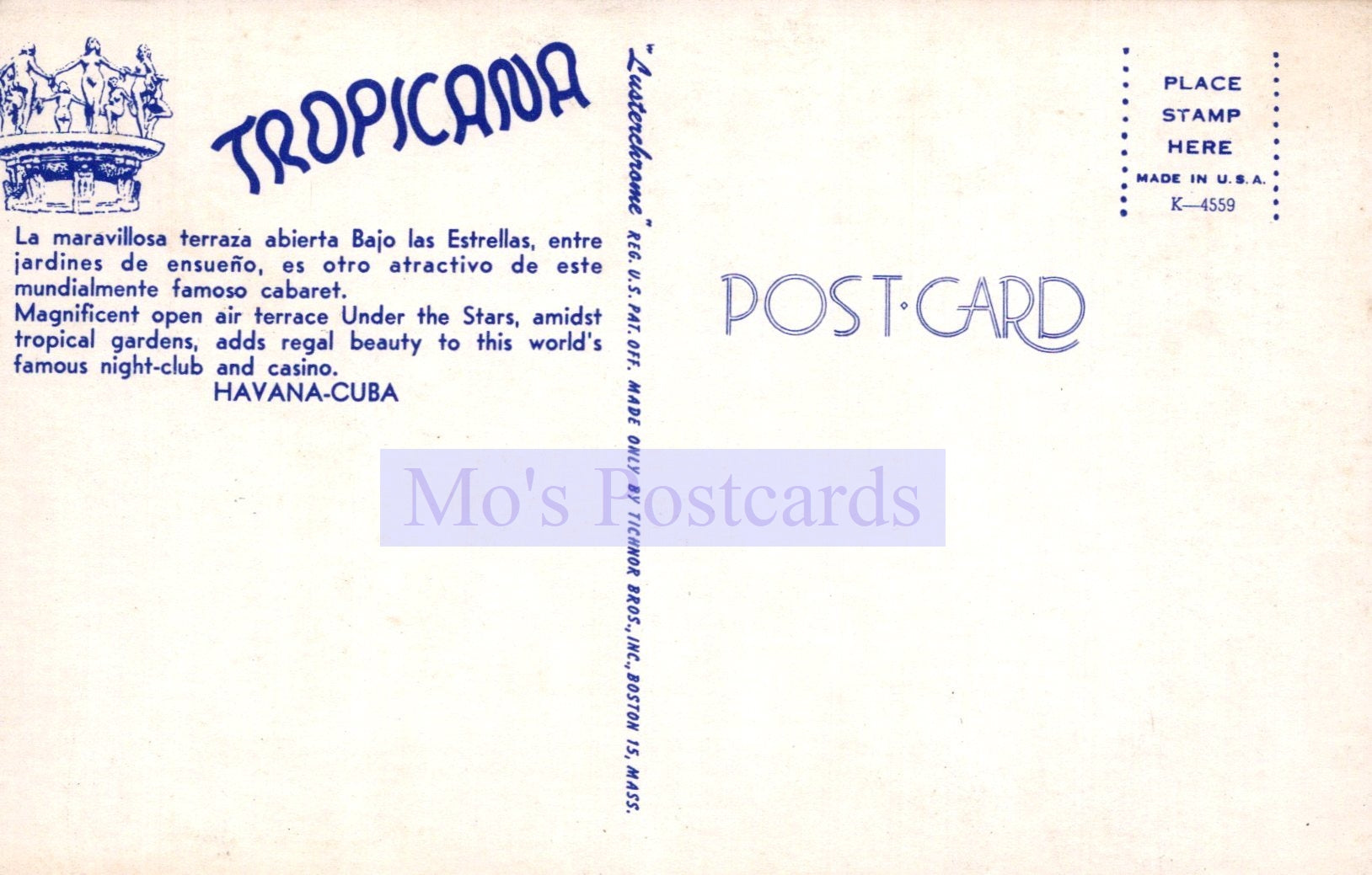Back of a Tropicana postcard from Havana, Cuba with text and branding.