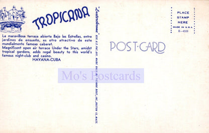 Back of a Tropicana postcard from Havana, Cuba with text and branding.