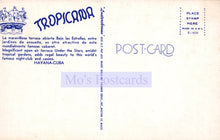 Load image into Gallery viewer, Back of a Tropicana postcard from Havana, Cuba with text and branding.

