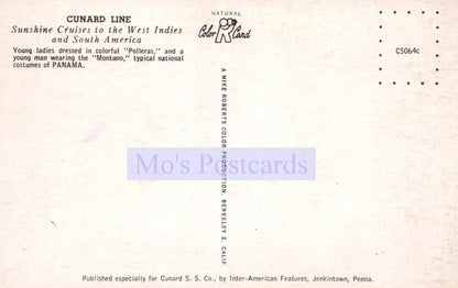 Vintage postcard with text about Cunard Line cruises and national costumes of Panama, featuring the Cunard Line logo.