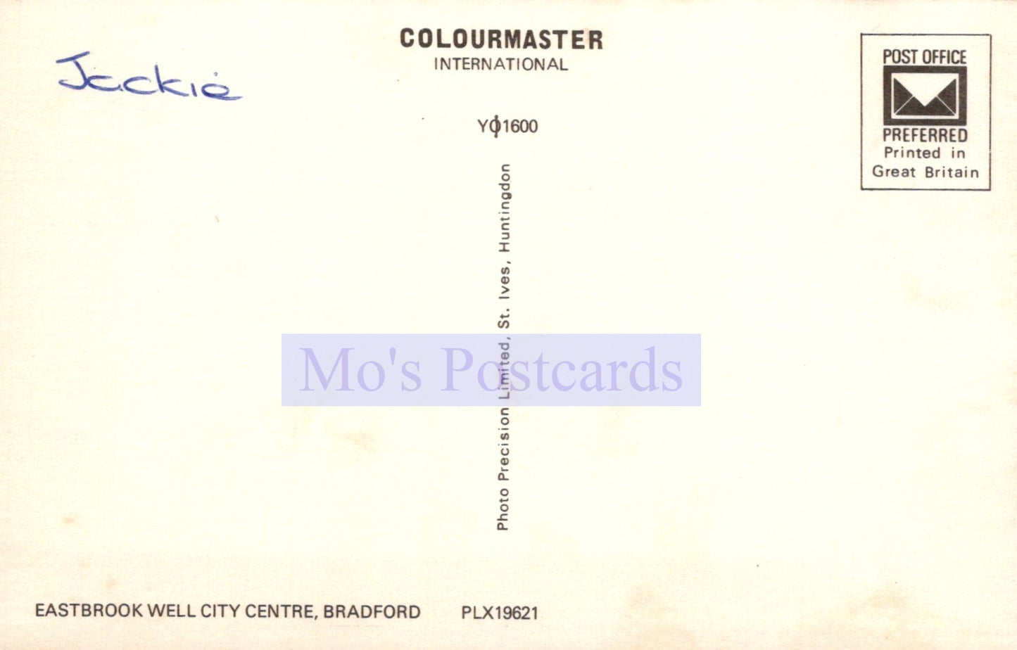 Back of a postcard with 'Colourmaster International' and 'Mo's Postcards' branding.